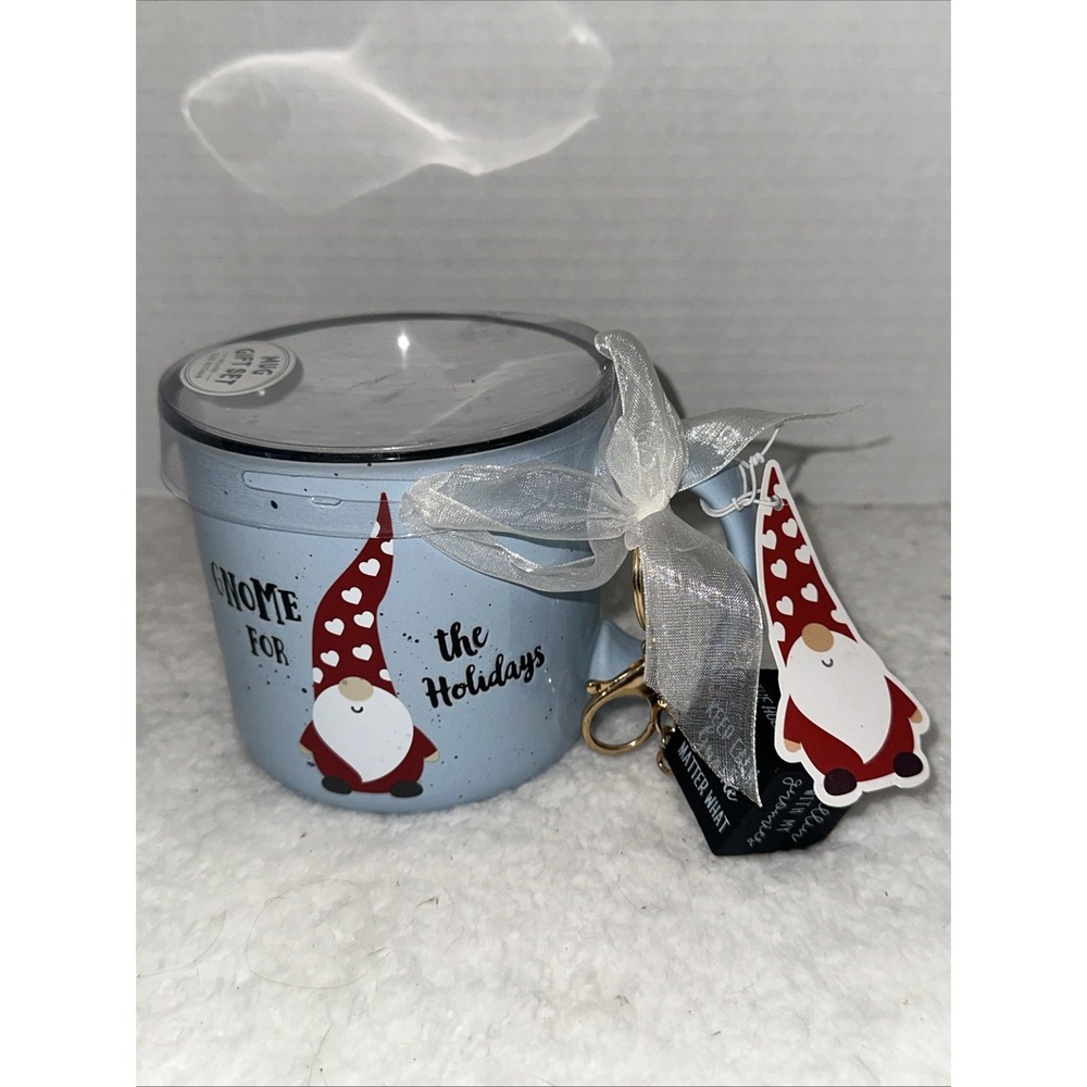 Gnome for the Holidays Mug Gift Set Blue Campfire Style with Cube Keychain NWT
